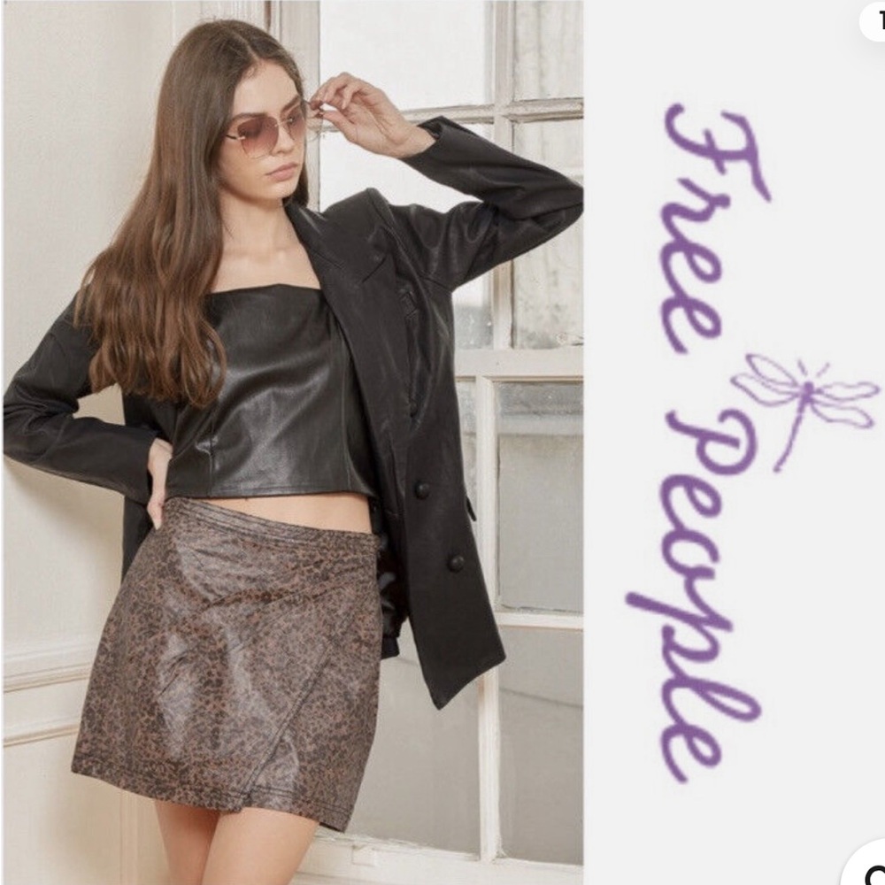 FREE PEOPLE FAKE OUT LEOPARD PRINT BROWN FAUX LEATHER MINI SKIRT SIZE 6
